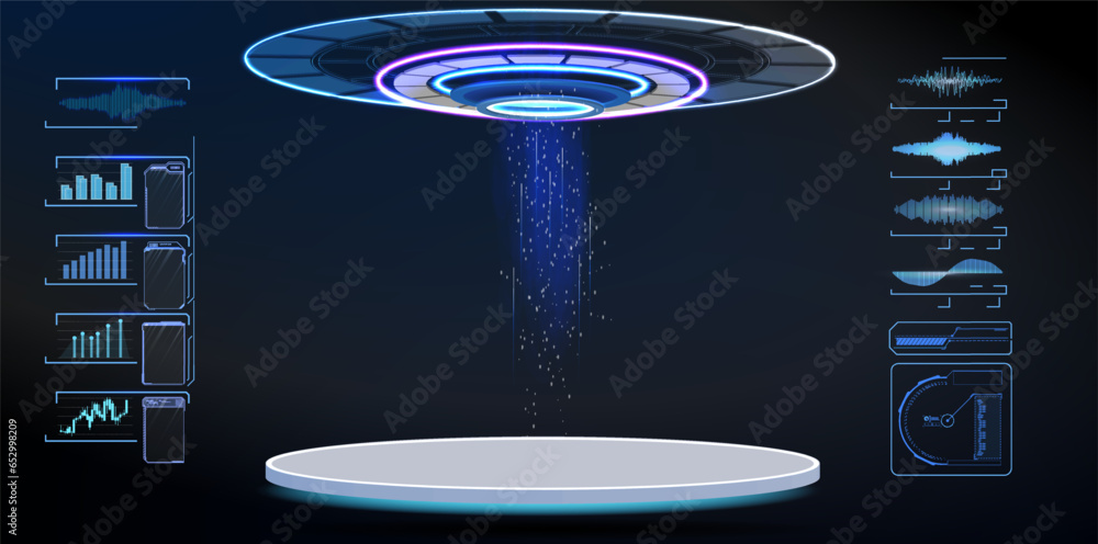 Poster sci-fi empty pedestal with hud interface in cyberpunk style for ui, games, gui and product presentat