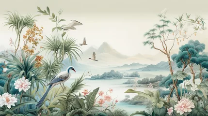 Fototapeten Tropical Exotic Landscape Wallpaper. Hand Drawn Design. Luxury Wall Mural © Fatih