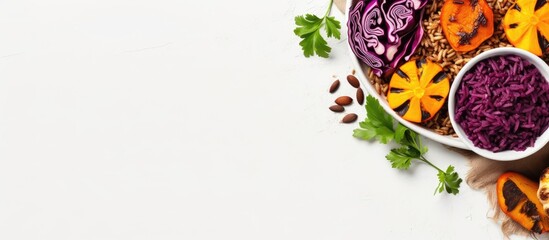 Vegetarian concept Buddha bowl with wild rice pumpkin and red cabbage Top view on a light background - obrazy, fototapety, plakaty