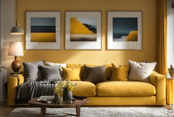 Modern minimalist interior living room design concept with yellow sofa bed, architectural background, banner with copy space text 
