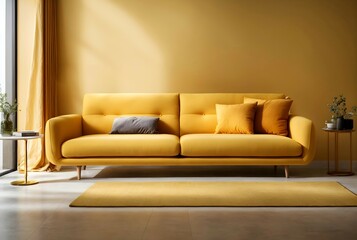 Modern minimalist interior living room design concept with yellow sofa bed, architectural background, banner with copy space text 
