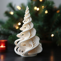 3d printed christmas tree consisted of biomorphic forms and waving curves in front of a real christmas tree background.