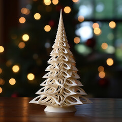 3d printed christmas tree consisted of biomorphic forms and triangles in front of a real christmas tree background.