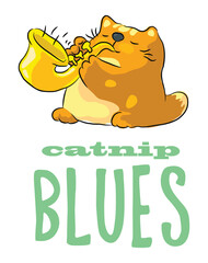 Cute cat playing catnip blues on saxophone 