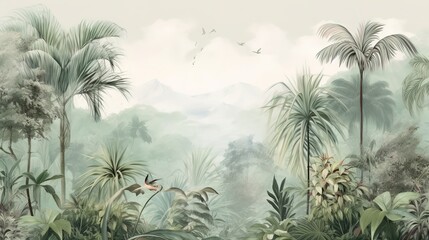 Fototapeta na wymiar Tropical Exotic Landscape Wallpaper. Hand Drawn Design. Luxury Wall Mural
