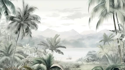 Rolgordijnen Tropical Exotic Landscape Wallpaper. Hand Drawn Design. Luxury Wall Mural © Fatih