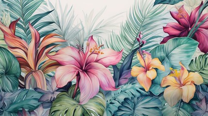 Tropical Exotic Landscape Wallpaper. Hand Drawn Design. Luxury Wall Mural