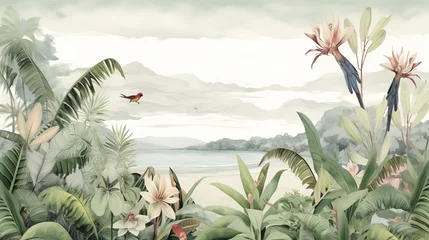 Fototapeten Tropical Exotic Landscape Wallpaper. Hand Drawn Design. Luxury Wall Mural © Fatih