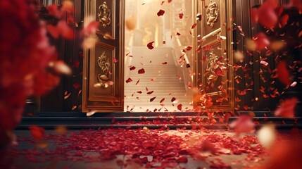 Flower petals and leaves flying through an open door.