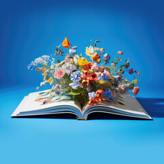 Beautiful colorful variety of different flowers growing out of 3D open pages spread of a book on blue background with copy space
