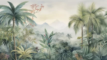 Papier Peint photo Kaki Tropical Exotic Landscape Wallpaper. Hand Drawn Design. Luxury Wall Mural