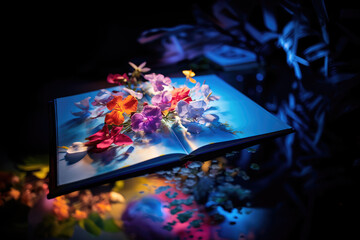 Beautiful colorful flowers growing out of 3D open pages spread of a book on dark blue table with copy space