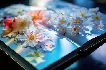 Beautiful colorful flowers closeup growing out of 3D open pages spread of a book