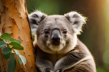 Illustrate an endearing portrait of a baby koala clinging to a eucalyptus tree