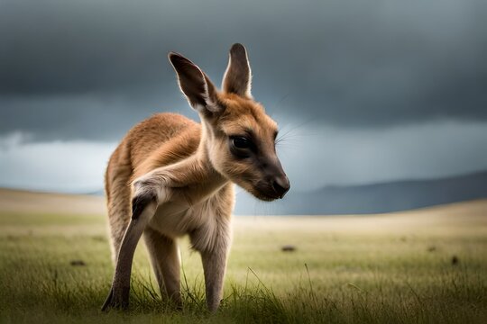 Generate a picture of a baby kangaroo peeking out from its mother's pouch