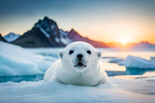 Craft a heartwarming composition of a baby seal pup nestled on an Arctic ice floe