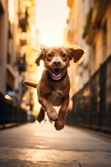 A happy and cute dog is racing through the streets. Generative AI