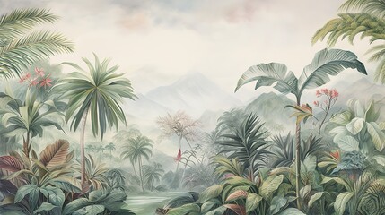 Tropical Exotic Landscape Wallpaper. Hand Drawn Design. Luxury Wall Mural - obrazy, fototapety, plakaty