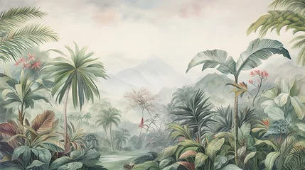 Gardinen Tropical Exotic Landscape Wallpaper. Hand Drawn Design. Luxury Wall Mural © Fatih