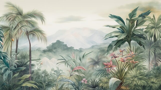 Fototapeta Tropical Exotic Landscape Wallpaper. Hand Drawn Design. Luxury Wall Mural