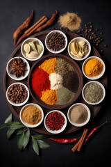 Many multi colored spices. jars and plates with powder. on the table. Background concept with spices.