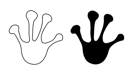 Frog or toad paw footprint. Silhouette, contour. Icon. Black vector isolated on white. Paw print of amphibian, frog, toad, lizard, salamander, newt. Icon and symbol. Print, textile, postcard, booklet. - obrazy, fototapety, plakaty