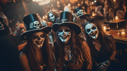 Group of people wearing halloween costumes having fun in a nightclub. Young Smiling People in Scary Halloween Costumes - obrazy, fototapety, plakaty