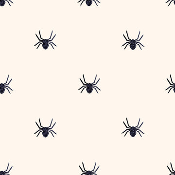 Halloween grunge seamless pattern with black watercolor silhouettes of spiders on white background. Watercolour hand drawn texture. Print for fabric, wallpaper, wrapping paper.