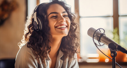 Happy girl host record podcast use microphone wear headphone interview guest conversation for content in her home studio. Content creator concept. Sound equipment concept.  - obrazy, fototapety, plakaty