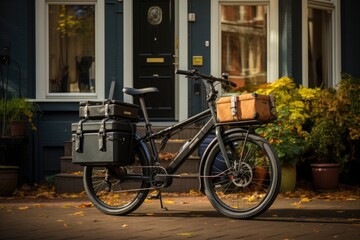 Fototapeta na wymiar Black two-wheeled cargo bike with bags on the street