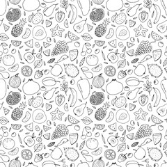 Cute hand drawn seamless pattern with summer fruits and berries. Healthy food background. Trendy textile print