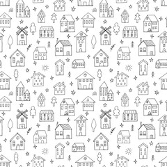 Seamless pattern with hand drawn houses. Doodle style. Buildings. Texture for fabric, wrapping, wallpaper, textile