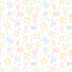 Seamless pattern with hand drawn houses. Buildings. Doodle style. Texture for fabric, wrapping, wallpaper, textile