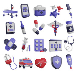 Medical set icons. 3D render icons