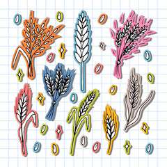 Set of hand drawn wheat ears. Grain spikelets. Doodle, sketch. Bakery design elements. Stickers