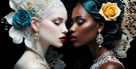 Ethnic Harmony: A Floral Encounter Between Two Women of Diverse Skin Tones.