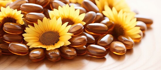 Close up of brown capsules containing sunflower lecithin a natural alternative medicine