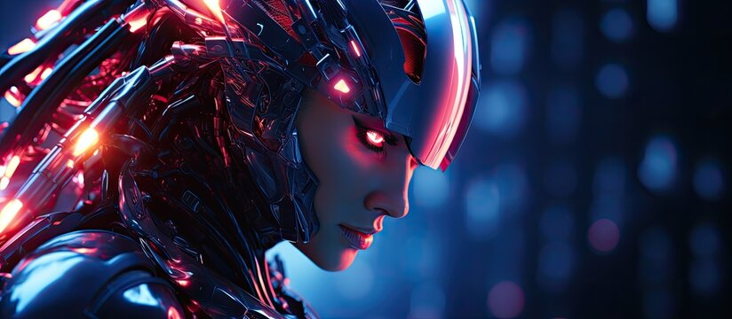 Futuristic science fiction cyborg with glowing neon lights armor and dynamic energy in a design