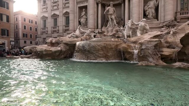 View of the Trevi Fountain (Fontana di Trevi, Fountain of love). The symbol and most famous fountain of the City of Rome. 