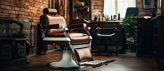 Poster Im Rahmen Stylish vintage barber chair in modern hair salon for men © TheWaterMeloonProjec