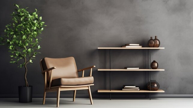 Beige wooden chair near dark stucco wall with shelving unit. Scandinavian style interior design of modern living room