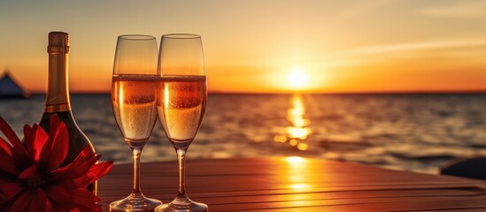 Champagne filled luxury yacht evening with empty glasses bottle and tropical sunset over sea background no one present - obrazy, fototapety, plakaty