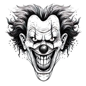 Scary clown head concept of circus horror film character. Laughing angry insane joker head, front face of horror and crazy maniac. Evil smiling character. Blackwork adult flesh | Generative AI