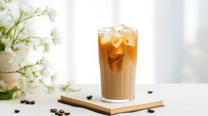 A glass with iced cold coffee on a light table background, book, white wall, copy space. Summer coffee drink with chopped ice. 