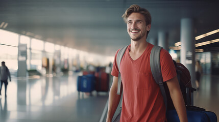 A young fashionable happy man in the airport lounge carrying a luggage bag, embarking on a flight for a vacation.  - obrazy, fototapety, plakaty