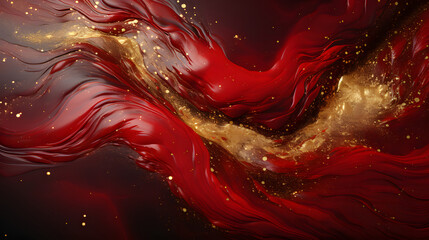 Red liquid with tints of golden glitters. Red background with a scattering of gold sparkles. Magic Galaxy of golden dust particles in red fluid 
