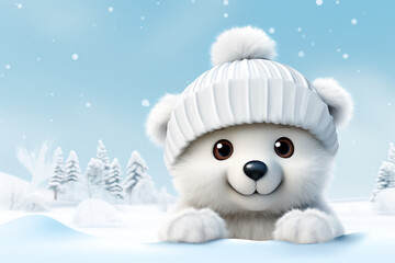 Cute Polar Bear in Winter Hat. Digital illustration. Poster, Copy Space