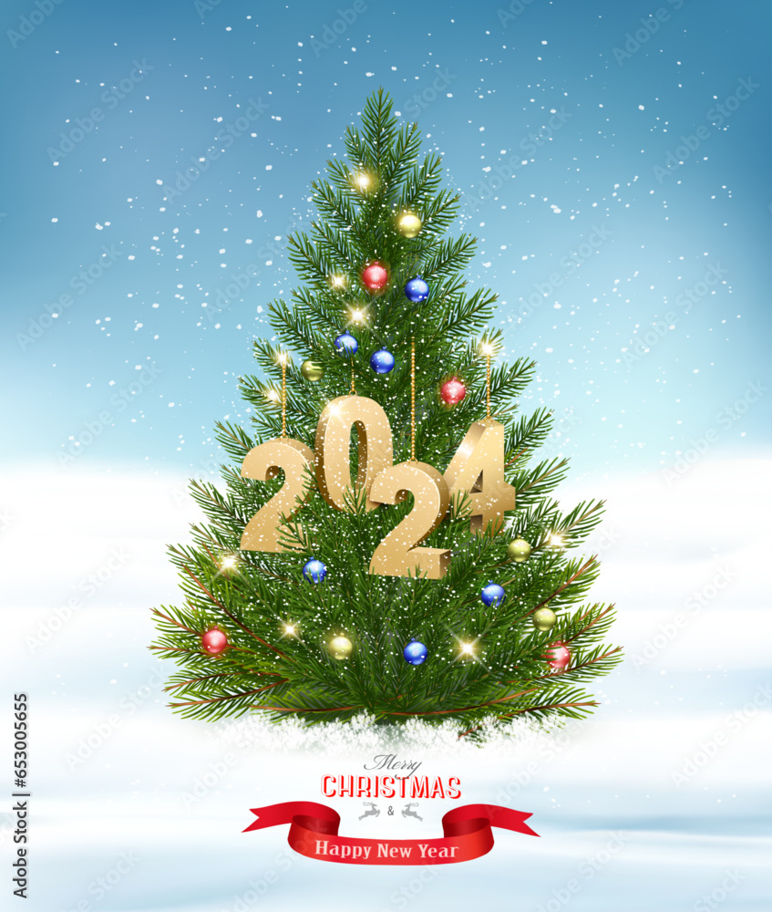 Poster merry christmas and happy new year background with christmas tree and colorful balls and golden lett