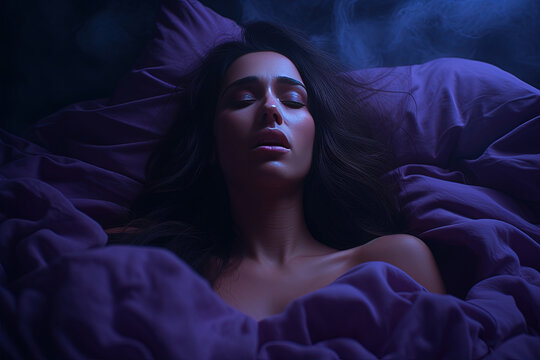 Woman lying in bed at night. Female face during an orgasm or Nightmare, insomnia concept. Generative AI.
