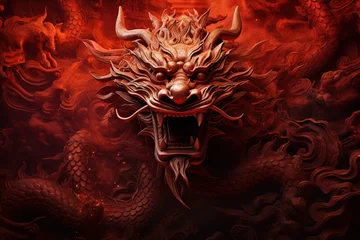 Foto op Canvas Chinese dragon head on red background. Chinese New Year 2024 year of dragon. Generative AI © photoguns